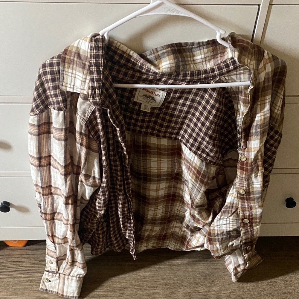 American Eagle Outfitters Brown and Cream Checkered Shirt (cropped)